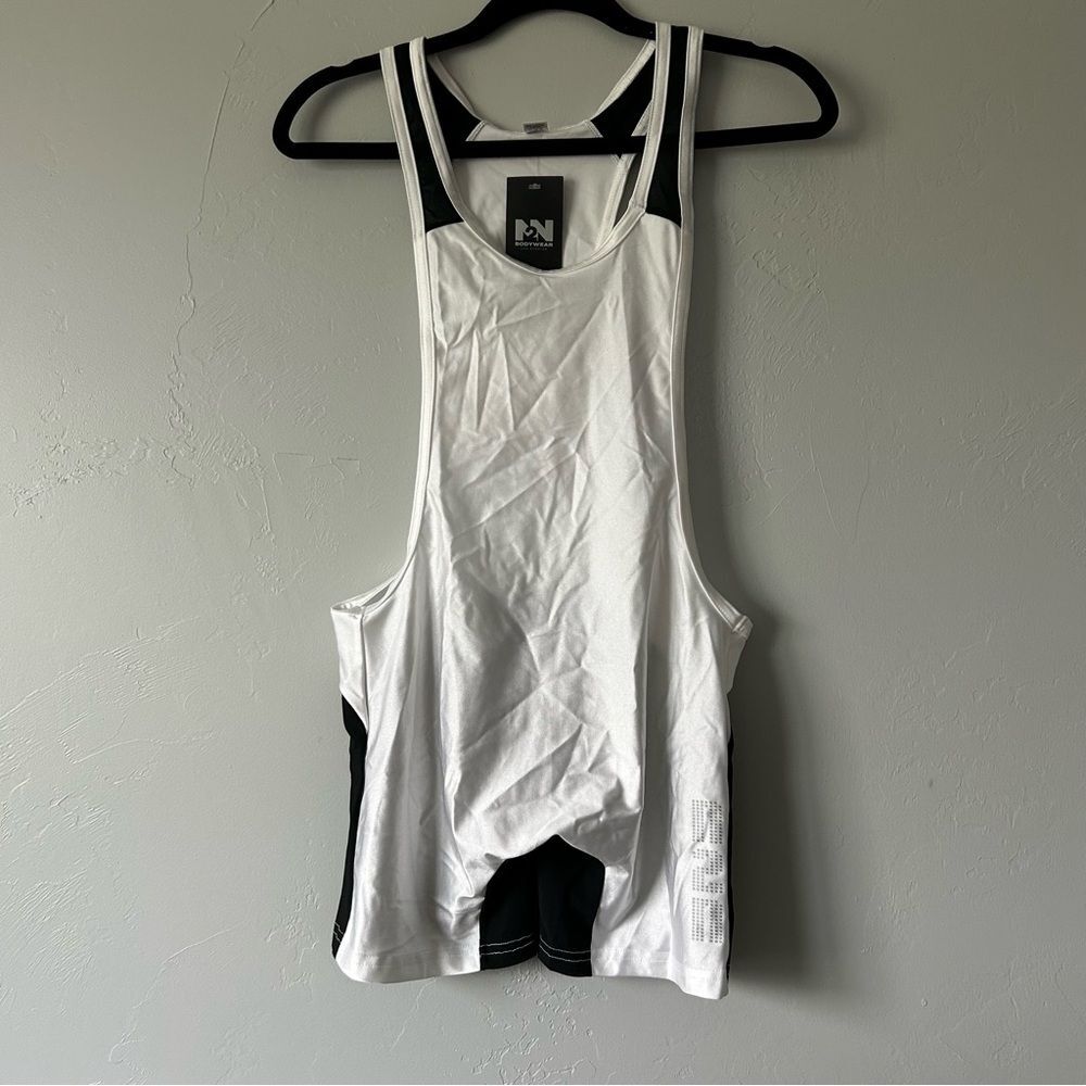 N2N Bodywear White Black Sheer Mesh Wrestling Singlet Size Large NWT